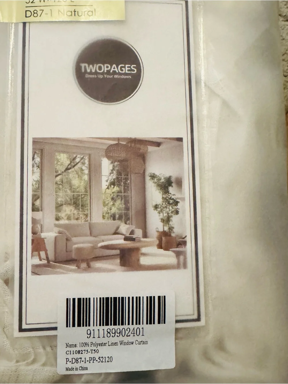 Two Pages Natural Pinch Pleat Window Curtain - Cream 52W X 120L 2 panels